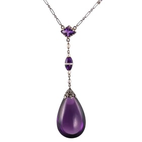 Art Deco 14k Gold Amethyst Pearl Pendant Necklace