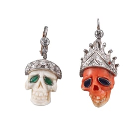 Platinum Gold Coral Diamond Sapphire Emerald Skull Earrings