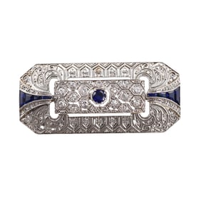 Filigree 18k Gold Diamond Sapphire Brooch Pin