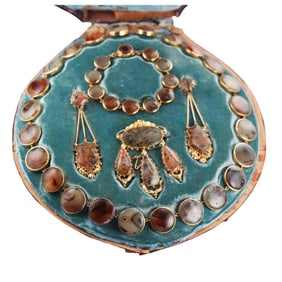 Antique Georgian Gold Moss Agate Necklace Bracelet Brooch Earrings Parure