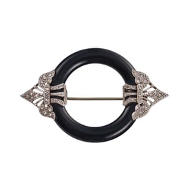 French Art Deco Platinum Diamond Onyx Brooch Pin