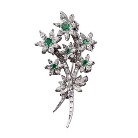 Midcentury Platinum Diamond Emerald En Tremblant Brooch Pin