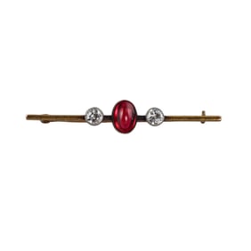 Antique 14k Gold Ruby Diamond Bar Brooch Pin