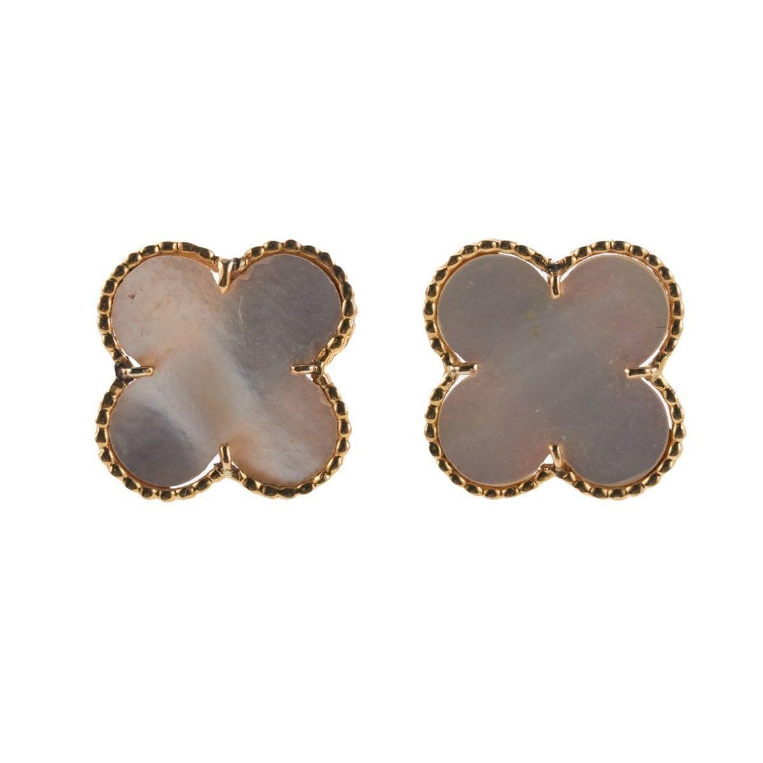 Van Cleef & Arpels Mother of Pearl 18k Gold Alhambra Earrings: Metal : 18k Gold Designer : Van Cleef & Arpels Gemstone : Mother of pearl. Measurements : Earrings are 20mm x 20mm. Missing backs. Marked: : VCA NY, 18k, NY3K703 15. Weight: