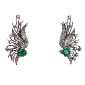 Midcentury Platinum DIamond Emerald Earrings