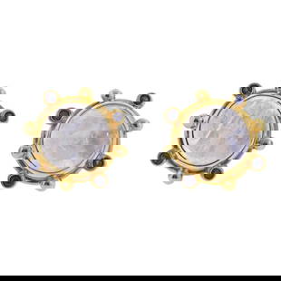 Maz Moonstone Kyanite Gold Earrings: Metal : 14k Gold Designer : Maz Gemstone : Kunzite, Moonstone. Measurements : Earrings are 18mm in diameter. Marked: : MAZ, 14k. Weight: : 8.2 grams Condition: <