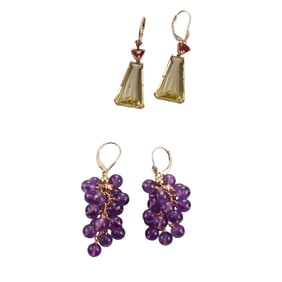14k Gold Amethyst Quartz Garnet Earrings Lot of 2 Pairs