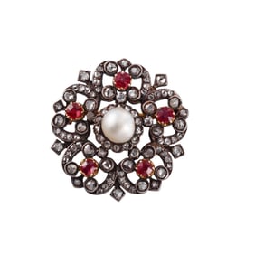 Continental Victorian Natural Pearl Diamond Ruby Brooch