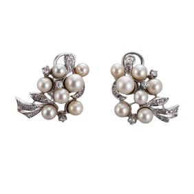 Midcentury 14k Gold Pearl Diamond Earrings