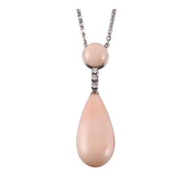 18k Gold Diamond Angel Skin Coral Diamond Pendant Necklace