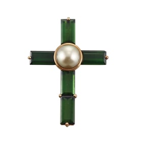 Asprey 18k Gold Green Tourmaline Pearl Cross Pendant