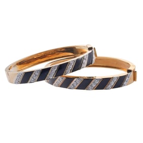 David Webb Enamel Diamond Gold Platinum Bangle Bracelet Set