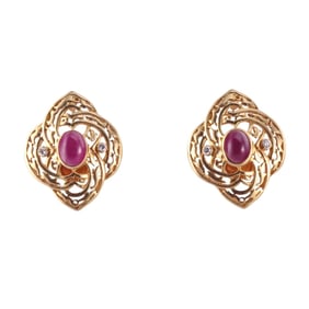 Vintage Ilias Lalaounis Greece Ruby Diamond Gold Earrings