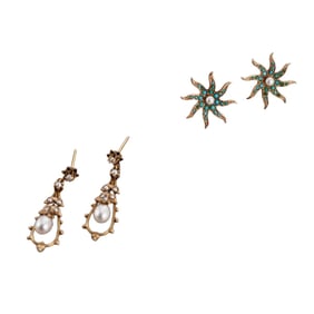 Antique 14k Gold Pearl Turquoise Earrings Lot of 2 Pairs