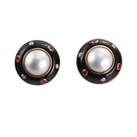 Trianon Pearl Onyx Diamond Ruby Gold Earrings