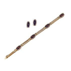 18k Gold Enamel Diamond Earrings Bracelet Set