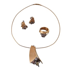 1970s Modernist 18k Gold Rough Diamond Necklace Ring Earrings Set