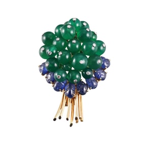 18k Gold Carved Sapphire Diamond Chrysoprase Brooch Pin