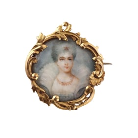 Antique French 18k Gold Portrait Miniature Brooch Pin