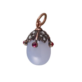 Antique Russian 14k Gold Silver Chalcedony Ruby Diamond Egg Pendant