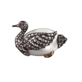 Antique 14k Gold Silver Pearl Diamond Ruby Swan Brooch Pin