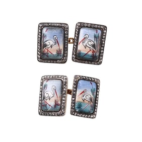 18k Gold Silver Diamond Hand Painted Miniature Painting Stork Cufflinks