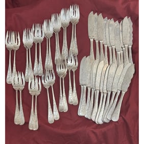 Gorham Knickerbocker Etched Sterling Silver Fish Set for 24, 48 pc