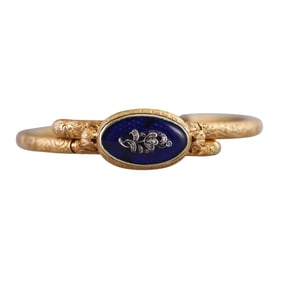 Antique French 18k Gold Diamond Enamel Bangle Bracelet