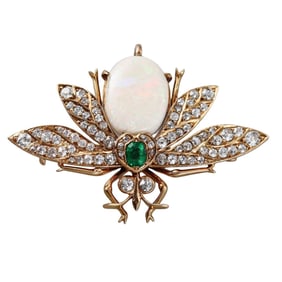 Antique Victorian Gold Opal Diamond Emerald Insect Bug Brooch
