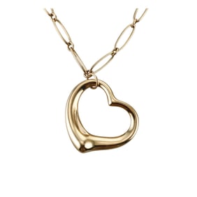 Tiffany & Co Elsa Peretti 18k Gold Open Heart Pendant on Oval Link Necklace