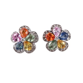 14k Gold Multi Color Sapphire Diamond Stud Earrings