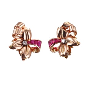 Retro 18k Rose Gold Ruby Diamond Flower Earrings