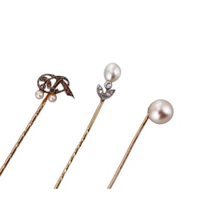Antique Gold Platinum Diamond Pearl Stick Pin Lot of 3