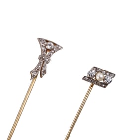 Antique 14k Gold Diamond Pearl Stick Pin Lot of 2