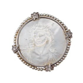 Art Deco Platinum 18k Gold Carved MOP Seed Pearl Diamond Brooch