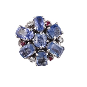 Retro Gold Sapphire Ruby Diamond Cocktail Ring