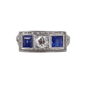 Art Deco Platinum Diamond Sapphire Ring