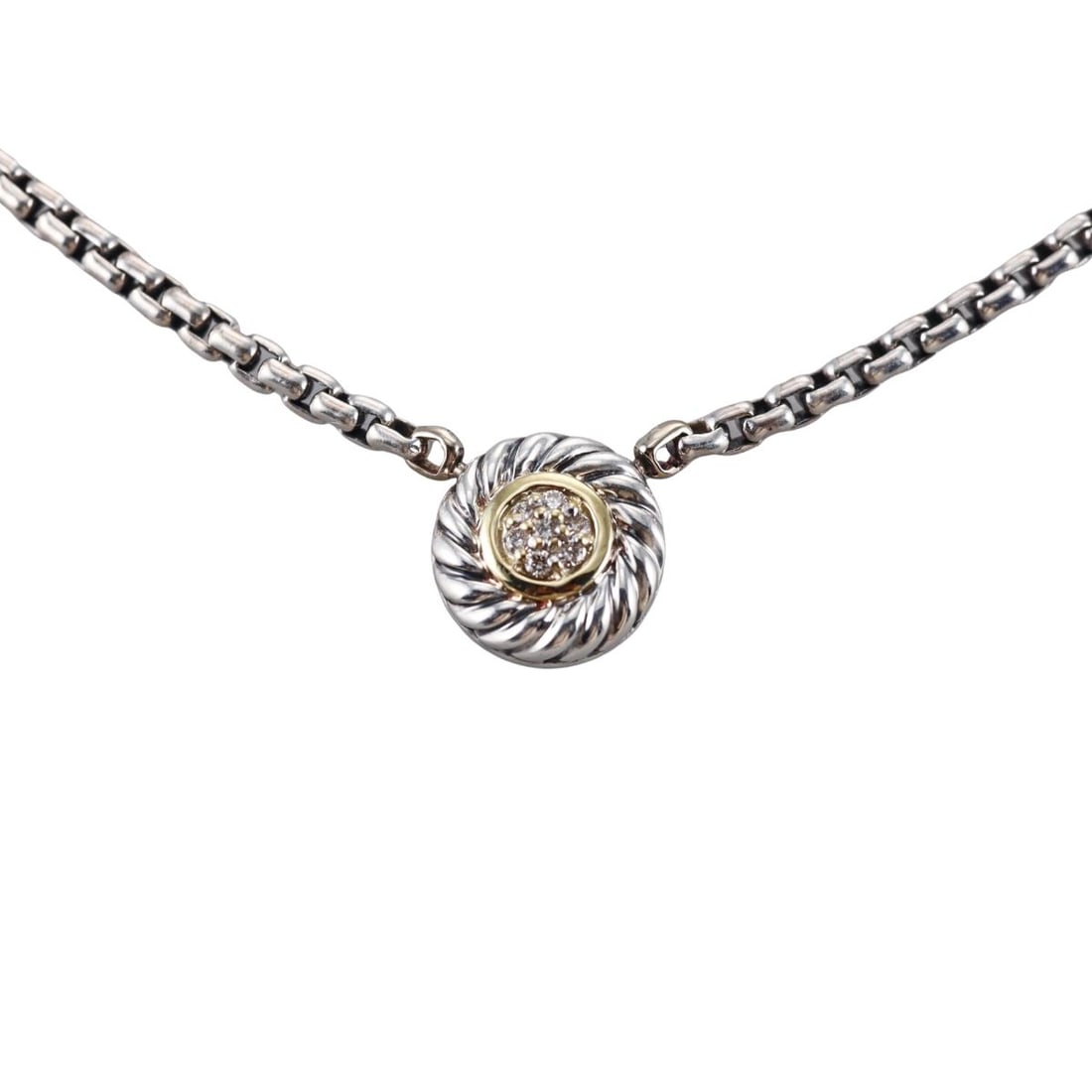 David Yurman Silver 18k Gold Diamond Cookie Pendant Necklace: Metal : Sterling Silver/18k Gold Designer : David Yurman Gemstone : Diamonds approx. 0.05ctw Measurements : Necklace is 16" long x 2.6mm. Pendant - 11.6mm in diameter Marked: : D. Y. 925,