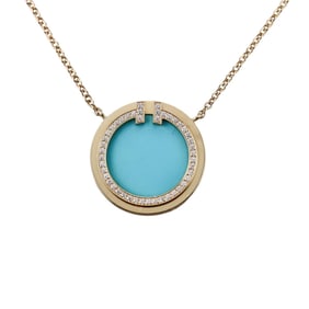Tiffany & Co 18k Gold Diamond Turquoise Circle Pendant Necklace