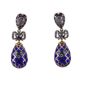 18k Gold Enamel Diamond Drop Earrings