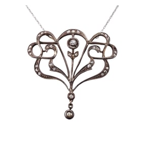 Antique Gold Silver Diamond Pendant on Platinum Necklace