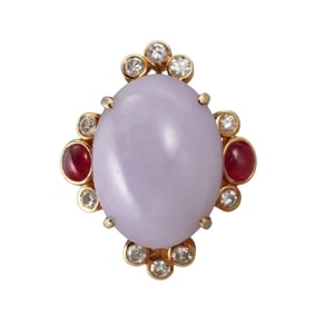 14k Gold Diamond Lavender Jade Ruby Cabochon Cocktail Ring