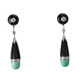 14k White Gold Diamond Turquoise Onyx Drop Earrings