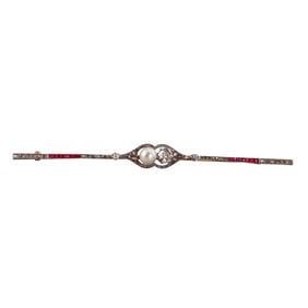 Antique 18k Gold Platinum Diamond Pearl Ruby Brooch Pin