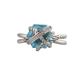 David Yurman Silver Blue Topaz Diamond Cable Wrap Ring
