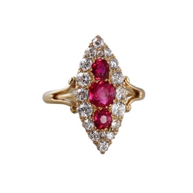 Antique 18k Gold Diamond Burma Ruby Navette Ring
