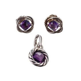 David Yurman Infinity Silver Amethyst Earrings Pendant Lot