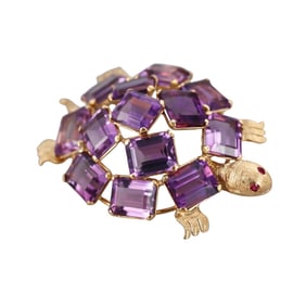 Mid Century Yellow Gold Amethyst Ruby Turtle Brooch Pin