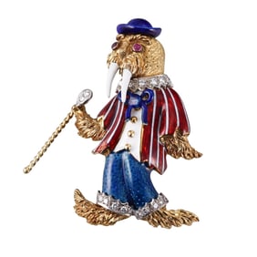 Diamond Enamel Ruby 18k Gold Walrus Brooch Pin