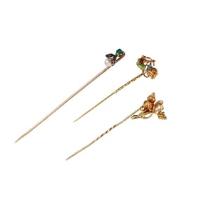 Antique Gold Enamel Pearl Diamond Emerald Stick Pin Lot of 3
